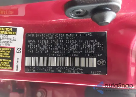 2021 Toyota Camry Xse Hybrid z USA, uszkodzony, nr VIN 4T1K31AK4MU031364